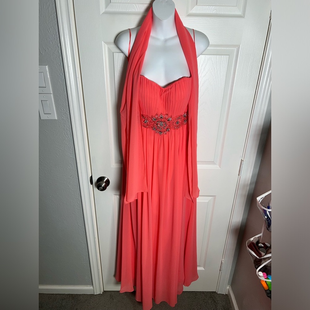 Coral strapless beaded full length evening dress with matching scarf